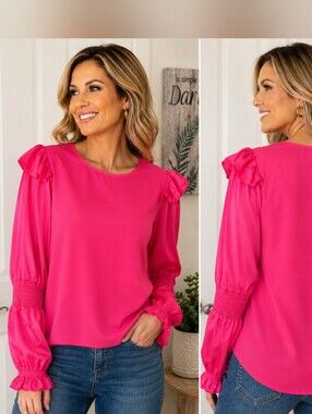 ANDREE BY UNIT Vibrant Pink Ruffle Shoulder Blouse